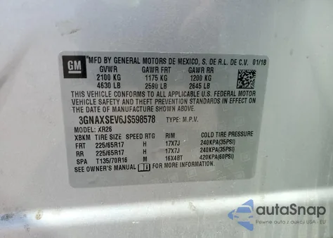 2018 Chevrolet Equinox Lt from USA, damaged, VIN 3GNAXSEV6JS598578